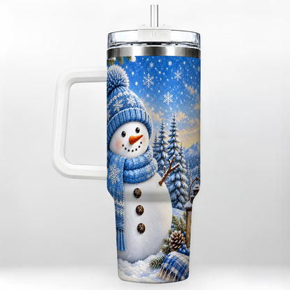 Blue Snowman 40oz Tumbler with Handle, Winter Stainless Steel Travel Cup