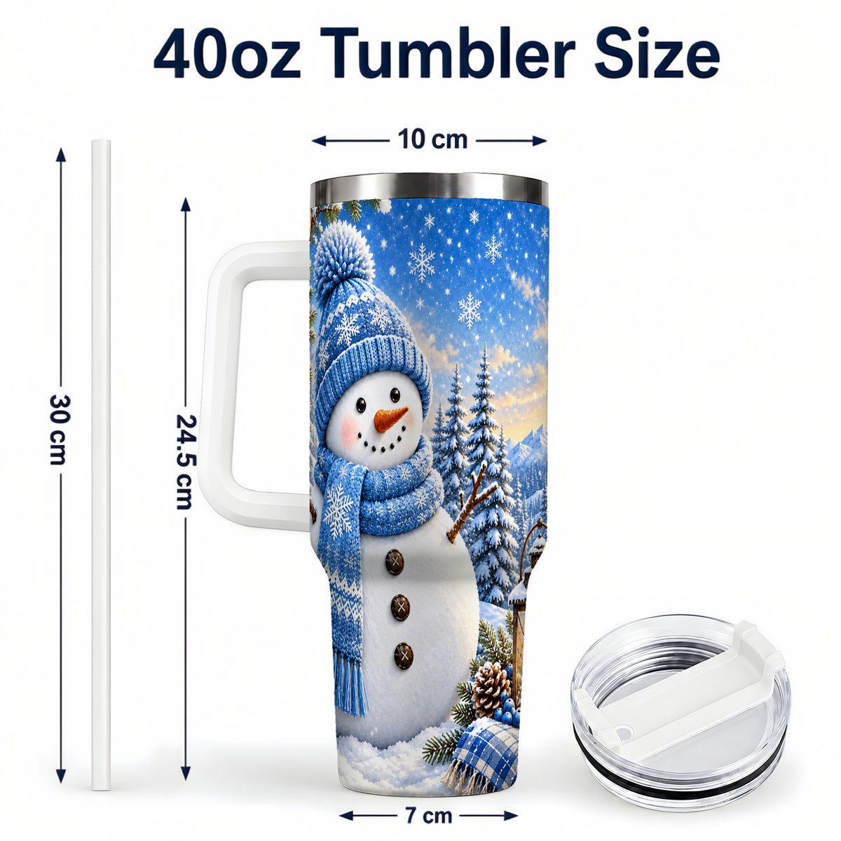 #pl[40oz|White] Blue Snowman 40oz Tumbler with Handle, Winter Stainless Steel Travel Cup