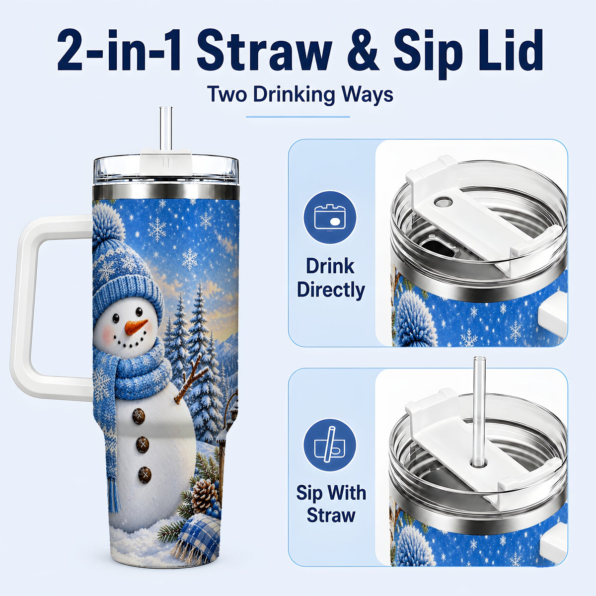 #pl[40oz|White] Blue Snowman 40oz Tumbler with Handle, Winter Stainless Steel Travel Cup