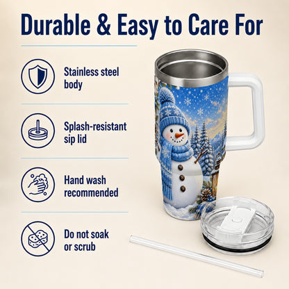 #pl[40oz|White] Blue Snowman 40oz Tumbler with Handle, Winter Stainless Steel Travel Cup