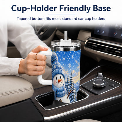 #pl[40oz|White] Blue Snowman 40oz Tumbler with Handle, Winter Stainless Steel Travel Cup