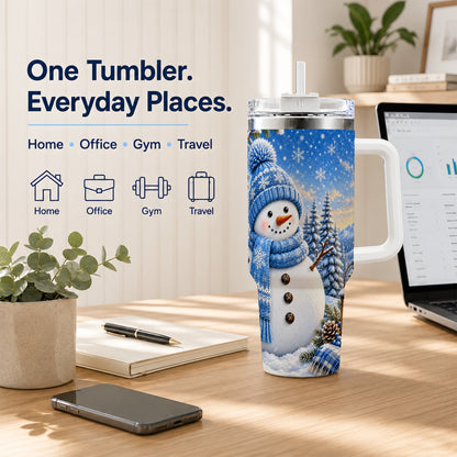 #pl[40oz|White] Blue Snowman 40oz Tumbler with Handle, Winter Stainless Steel Travel Cup