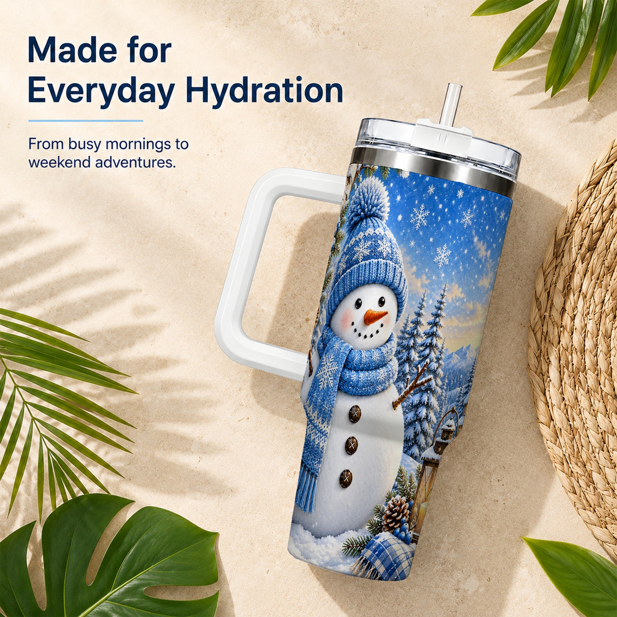 #pl[40oz|White] Blue Snowman 40oz Tumbler with Handle, Winter Stainless Steel Travel Cup