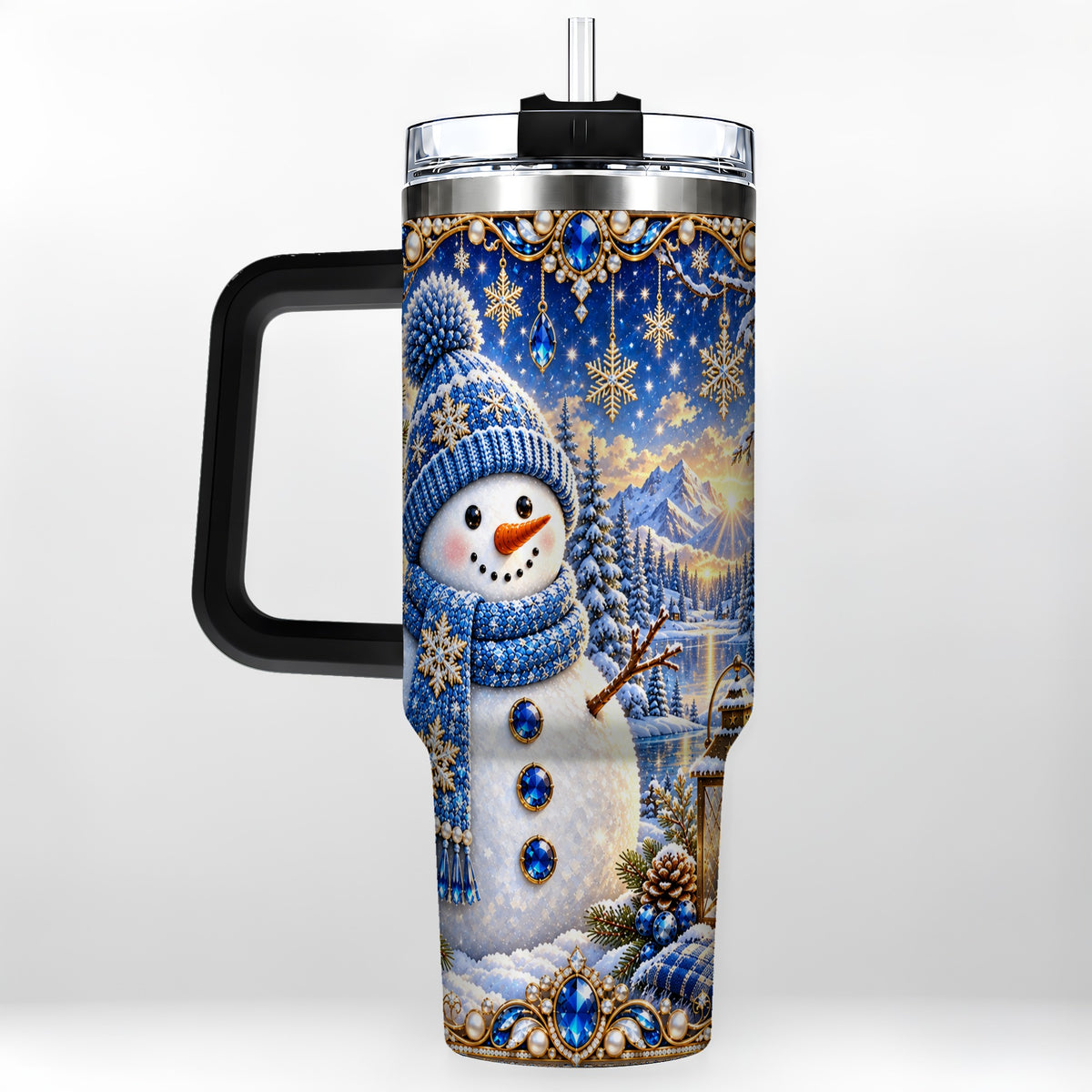 #pl[40oz|Black] Jeweled Snowman 40oz Tumbler with Handle, Winter Stainless Steel Travel Cup