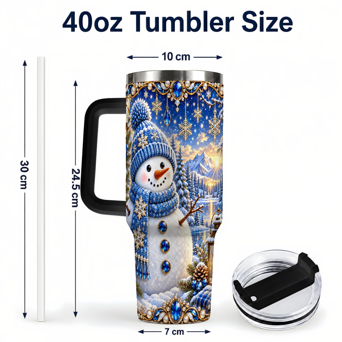 #pl[40oz|Black] Jeweled Snowman 40oz Tumbler with Handle, Winter Stainless Steel Travel Cup