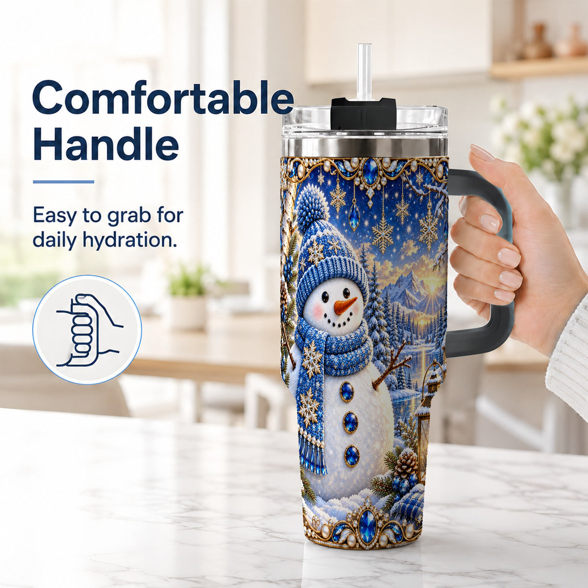 #pl[40oz|Black] Jeweled Snowman 40oz Tumbler with Handle, Winter Stainless Steel Travel Cup