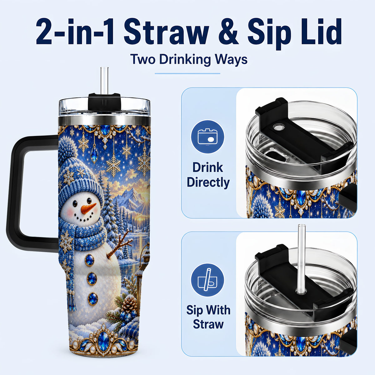 #pl[40oz|Black] Jeweled Snowman 40oz Tumbler with Handle, Winter Stainless Steel Travel Cup