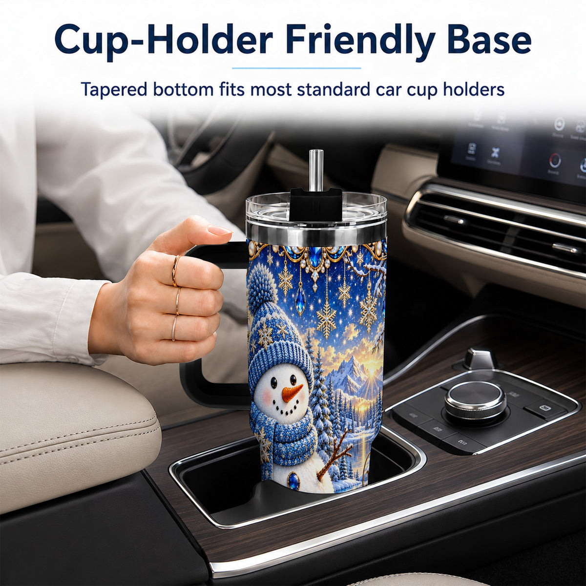 #pl[40oz|Black] Jeweled Snowman 40oz Tumbler with Handle, Winter Stainless Steel Travel Cup