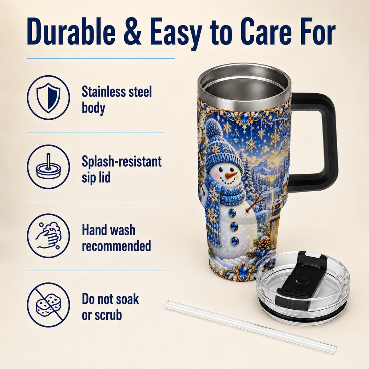 #pl[40oz|Black] Jeweled Snowman 40oz Tumbler with Handle, Winter Stainless Steel Travel Cup