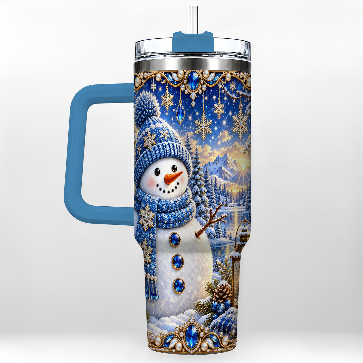 #pl[40oz|Blue] Jeweled Snowman 40oz Tumbler with Handle, Winter Stainless Steel Travel Cup
