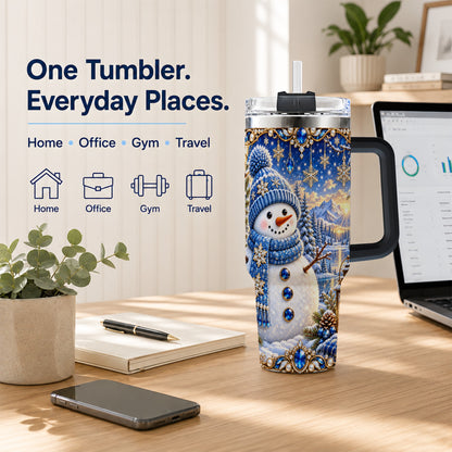 #pl[40oz|Black] Jeweled Snowman 40oz Tumbler with Handle, Winter Stainless Steel Travel Cup