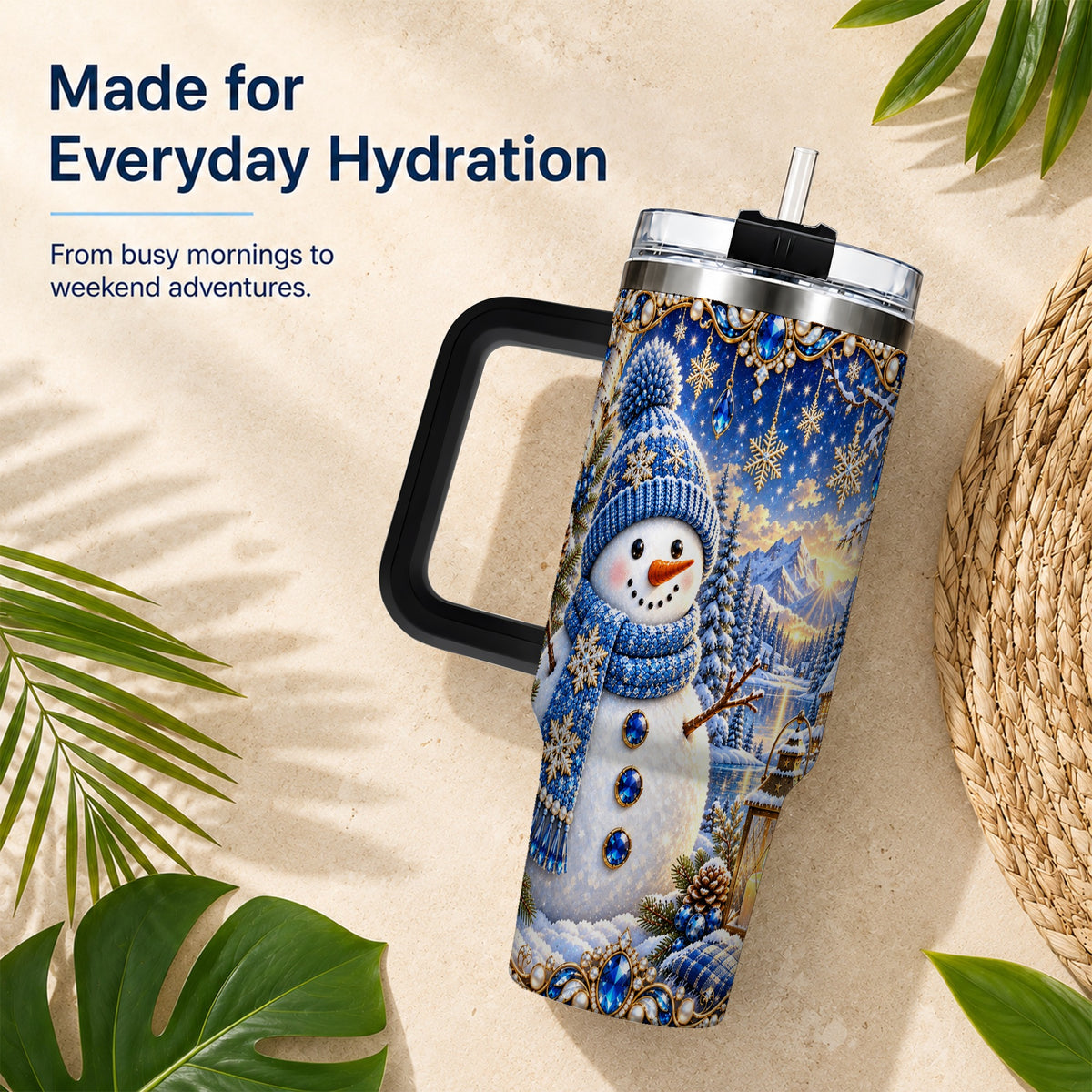 #pl[40oz|Black] Jeweled Snowman 40oz Tumbler with Handle, Winter Stainless Steel Travel Cup