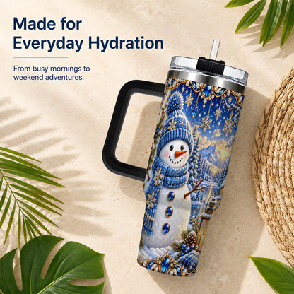 #pl[40oz|Black] Jeweled Snowman 40oz Tumbler with Handle, Winter Stainless Steel Travel Cup