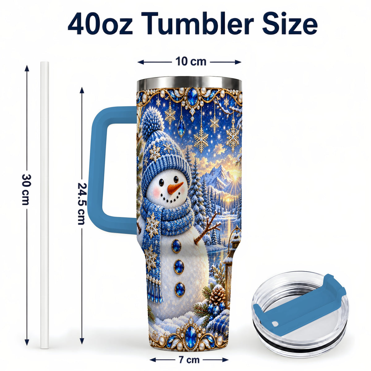 #pl[40oz|Blue] Jeweled Snowman 40oz Tumbler with Handle, Winter Stainless Steel Travel Cup