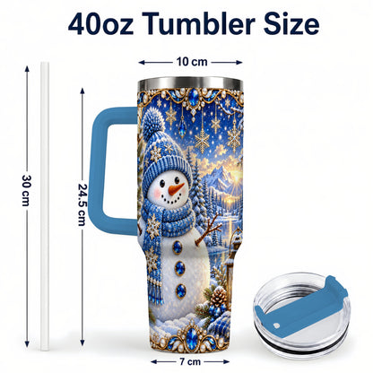 #pl[40oz|Blue] Jeweled Snowman 40oz Tumbler with Handle, Winter Stainless Steel Travel Cup