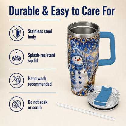 #pl[40oz|Blue] Jeweled Snowman 40oz Tumbler with Handle, Winter Stainless Steel Travel Cup