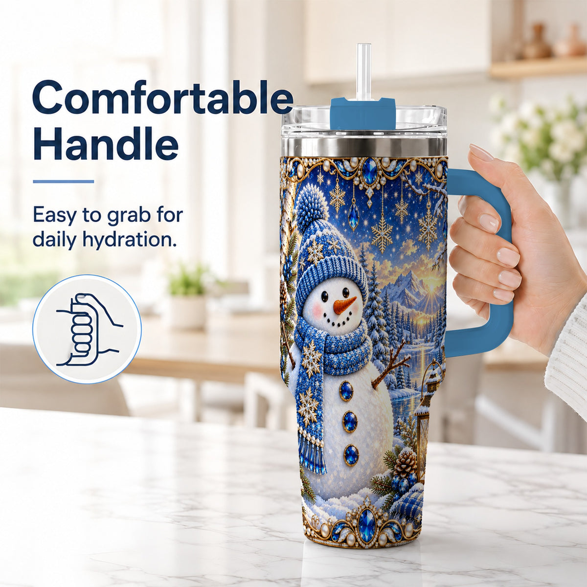 #pl[40oz|Blue] Jeweled Snowman 40oz Tumbler with Handle, Winter Stainless Steel Travel Cup