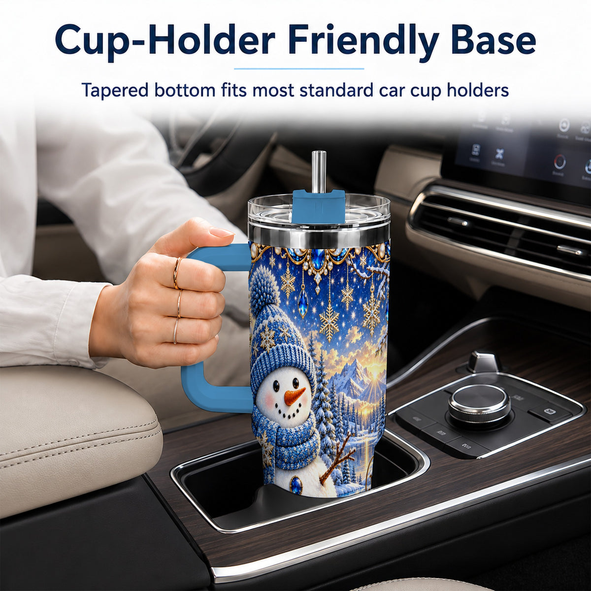 #pl[40oz|Blue] Jeweled Snowman 40oz Tumbler with Handle, Winter Stainless Steel Travel Cup