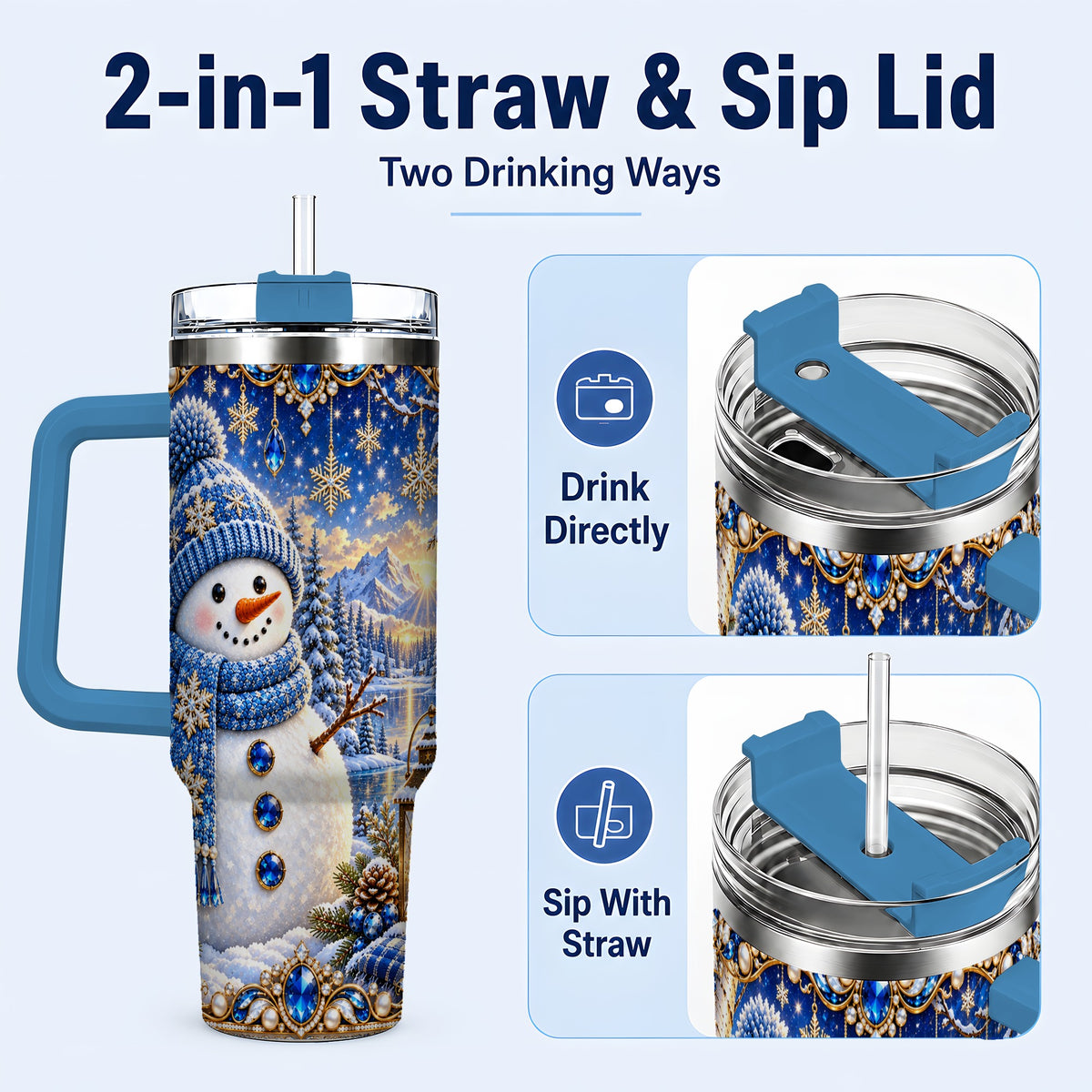 #pl[40oz|Blue] Jeweled Snowman 40oz Tumbler with Handle, Winter Stainless Steel Travel Cup