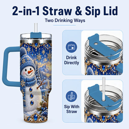 #pl[40oz|Blue] Jeweled Snowman 40oz Tumbler with Handle, Winter Stainless Steel Travel Cup