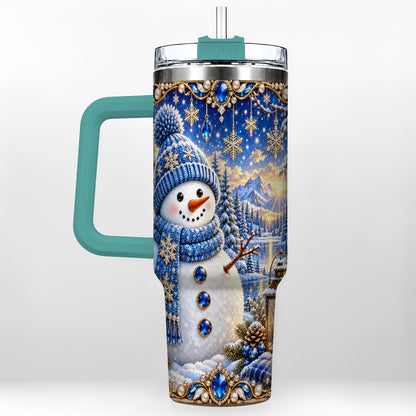 #pl[40oz|Green] Jeweled Snowman 40oz Tumbler with Handle, Winter Stainless Steel Travel Cup