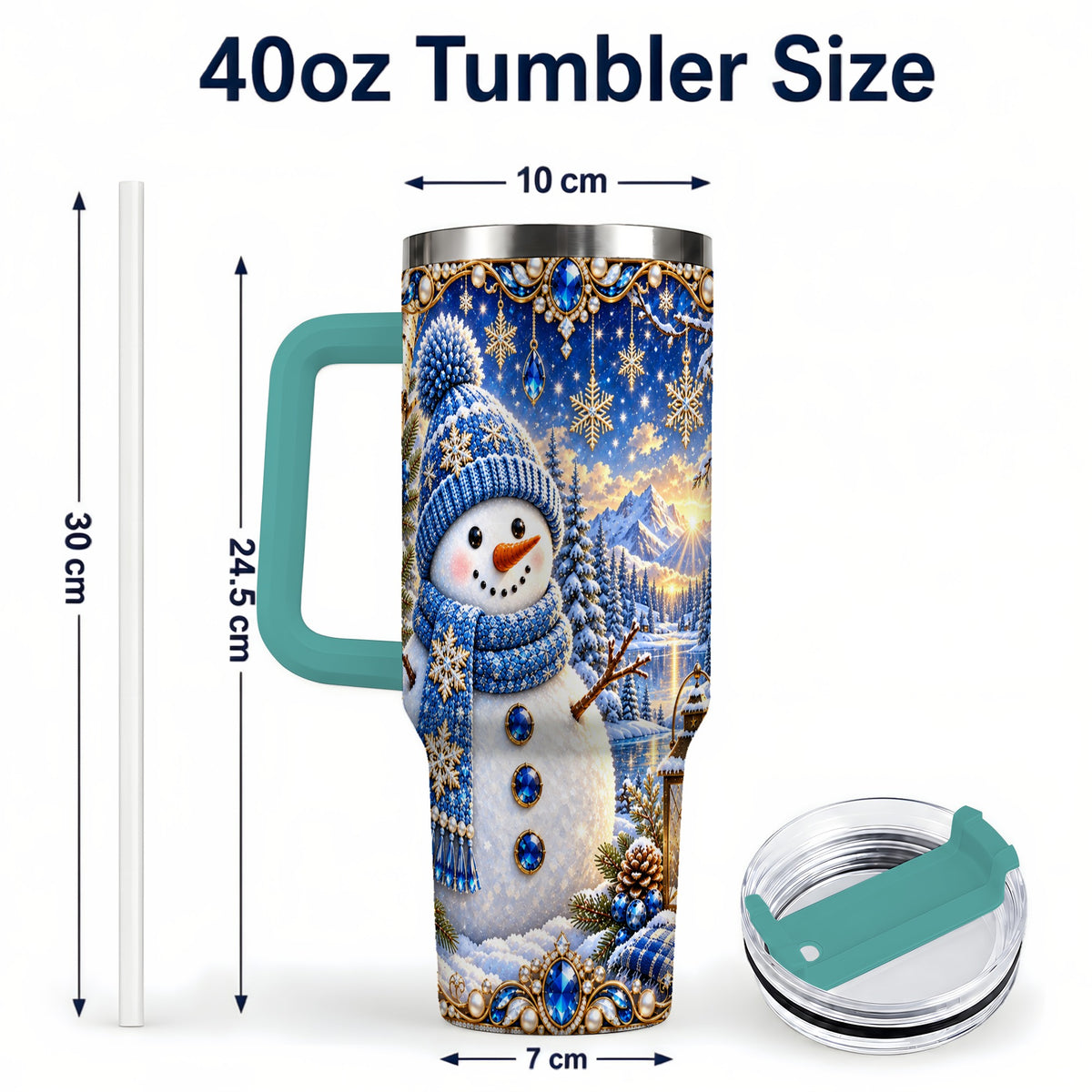 #pl[40oz|Green] Jeweled Snowman 40oz Tumbler with Handle, Winter Stainless Steel Travel Cup