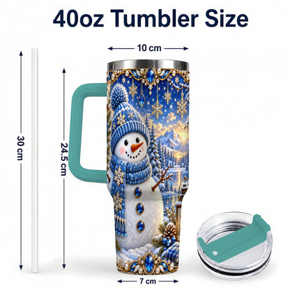#pl[40oz|Green] Jeweled Snowman 40oz Tumbler with Handle, Winter Stainless Steel Travel Cup