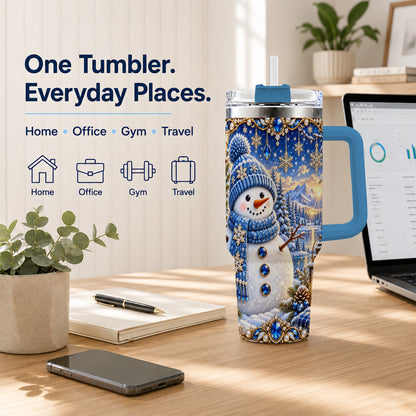 #pl[40oz|Blue] Jeweled Snowman 40oz Tumbler with Handle, Winter Stainless Steel Travel Cup