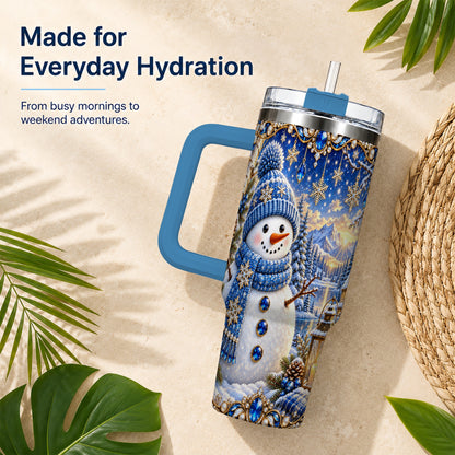 #pl[40oz|Blue] Jeweled Snowman 40oz Tumbler with Handle, Winter Stainless Steel Travel Cup