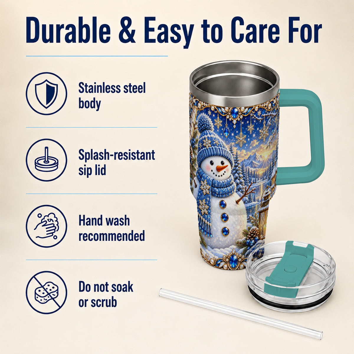 #pl[40oz|Green] Jeweled Snowman 40oz Tumbler with Handle, Winter Stainless Steel Travel Cup