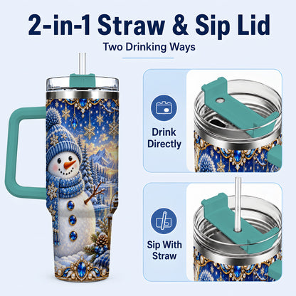 #pl[40oz|Green] Jeweled Snowman 40oz Tumbler with Handle, Winter Stainless Steel Travel Cup