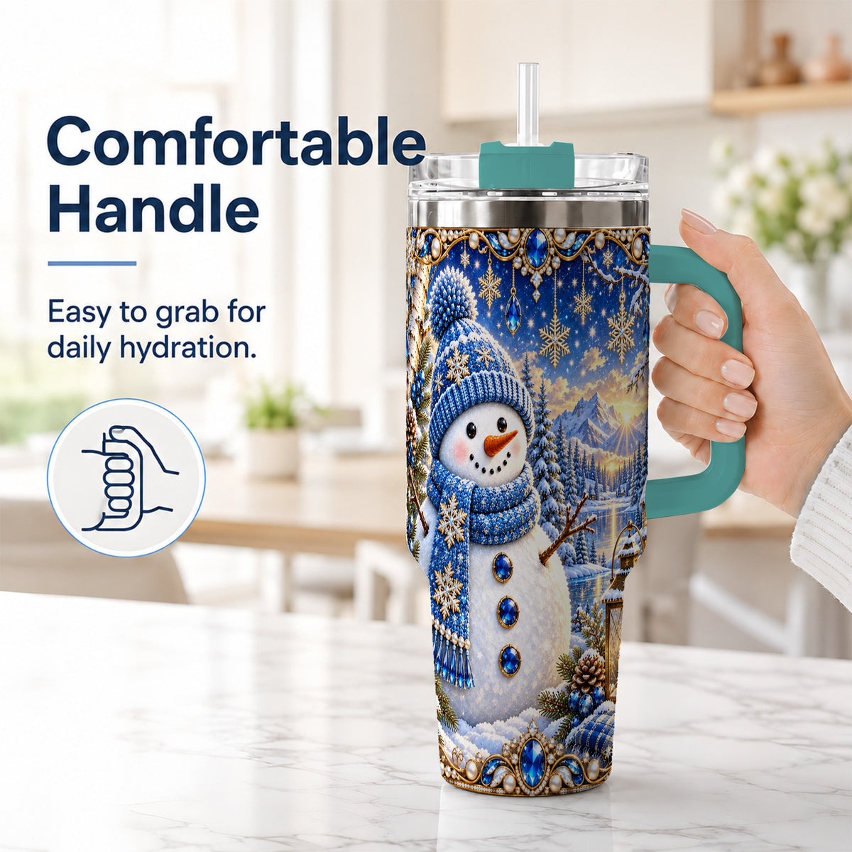 #pl[40oz|Green] Jeweled Snowman 40oz Tumbler with Handle, Winter Stainless Steel Travel Cup