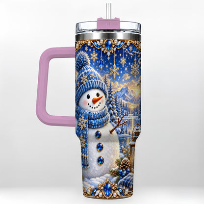 #pl[40oz|Pink] Jeweled Snowman 40oz Tumbler with Handle, Winter Stainless Steel Travel Cup