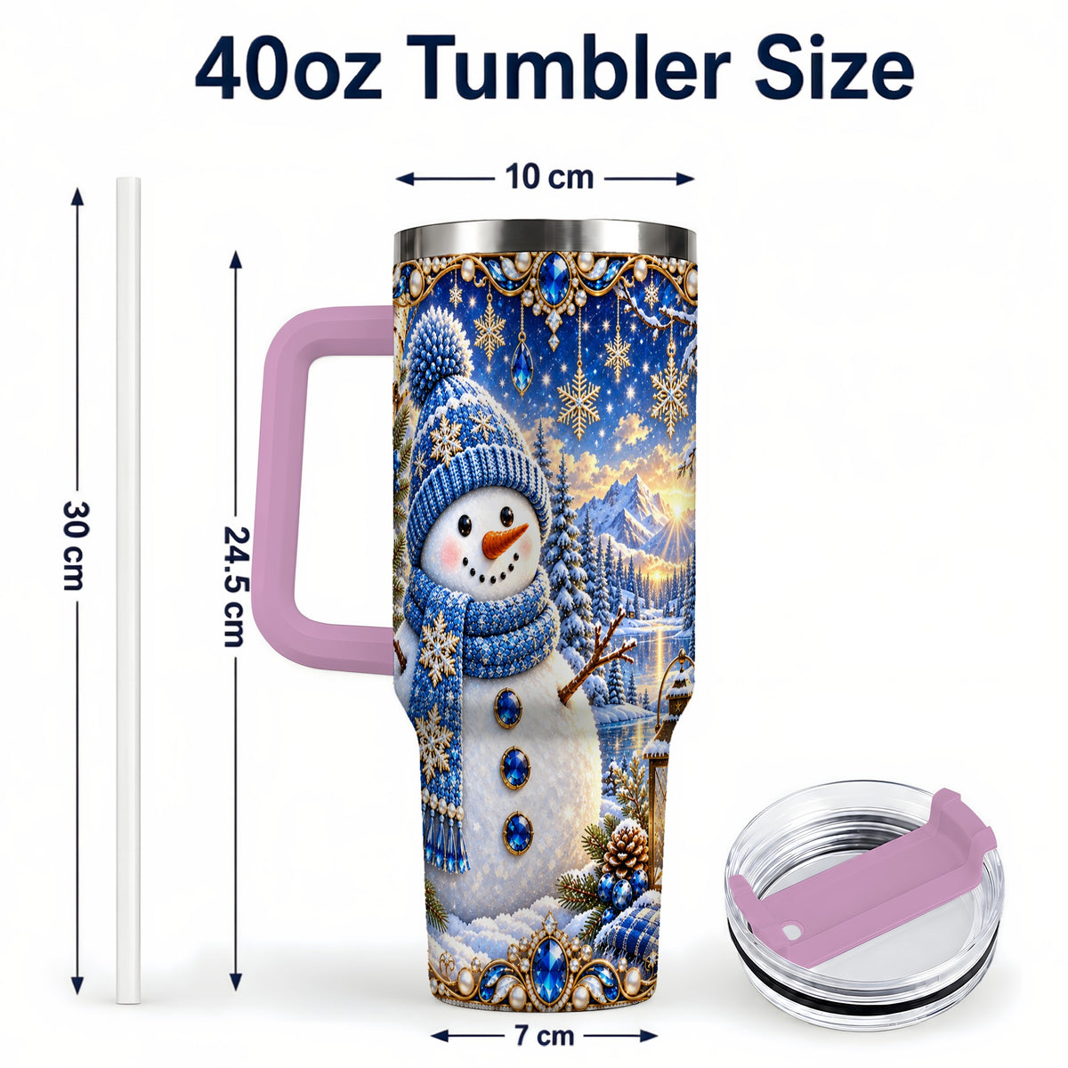 #pl[40oz|Pink] Jeweled Snowman 40oz Tumbler with Handle, Winter Stainless Steel Travel Cup