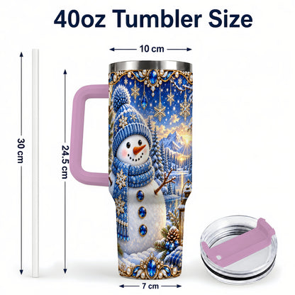 #pl[40oz|Pink] Jeweled Snowman 40oz Tumbler with Handle, Winter Stainless Steel Travel Cup