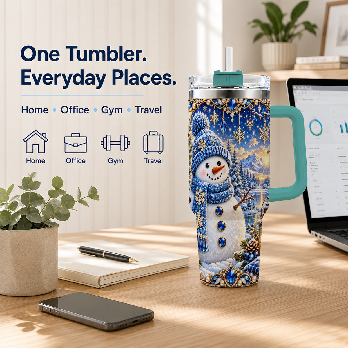 #pl[40oz|Green] Jeweled Snowman 40oz Tumbler with Handle, Winter Stainless Steel Travel Cup