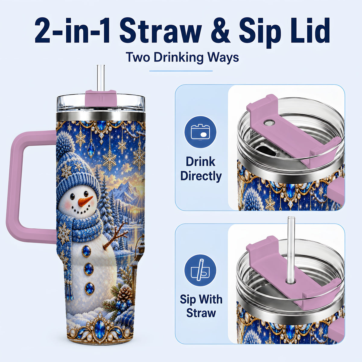 #pl[40oz|Pink] Jeweled Snowman 40oz Tumbler with Handle, Winter Stainless Steel Travel Cup