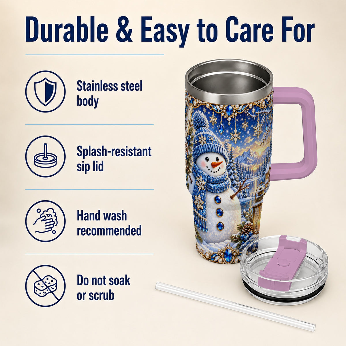 #pl[40oz|Pink] Jeweled Snowman 40oz Tumbler with Handle, Winter Stainless Steel Travel Cup