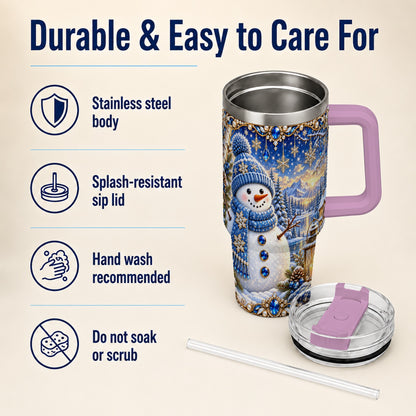 #pl[40oz|Pink] Jeweled Snowman 40oz Tumbler with Handle, Winter Stainless Steel Travel Cup