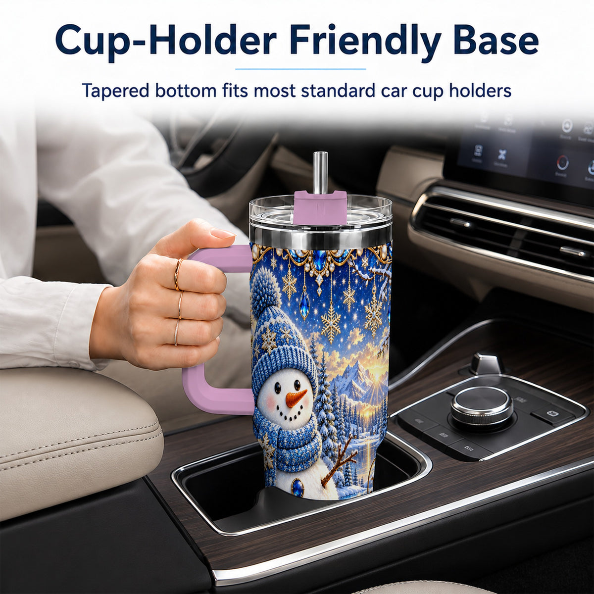 #pl[40oz|Pink] Jeweled Snowman 40oz Tumbler with Handle, Winter Stainless Steel Travel Cup