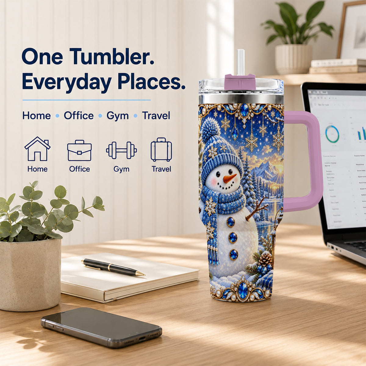 #pl[40oz|Pink] Jeweled Snowman 40oz Tumbler with Handle, Winter Stainless Steel Travel Cup