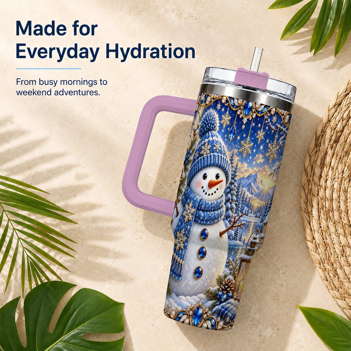 #pl[40oz|Pink] Jeweled Snowman 40oz Tumbler with Handle, Winter Stainless Steel Travel Cup