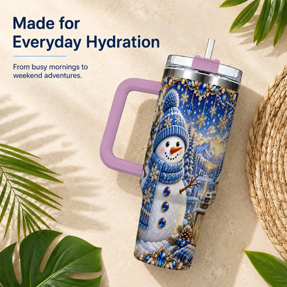 #pl[40oz|Pink] Jeweled Snowman 40oz Tumbler with Handle, Winter Stainless Steel Travel Cup