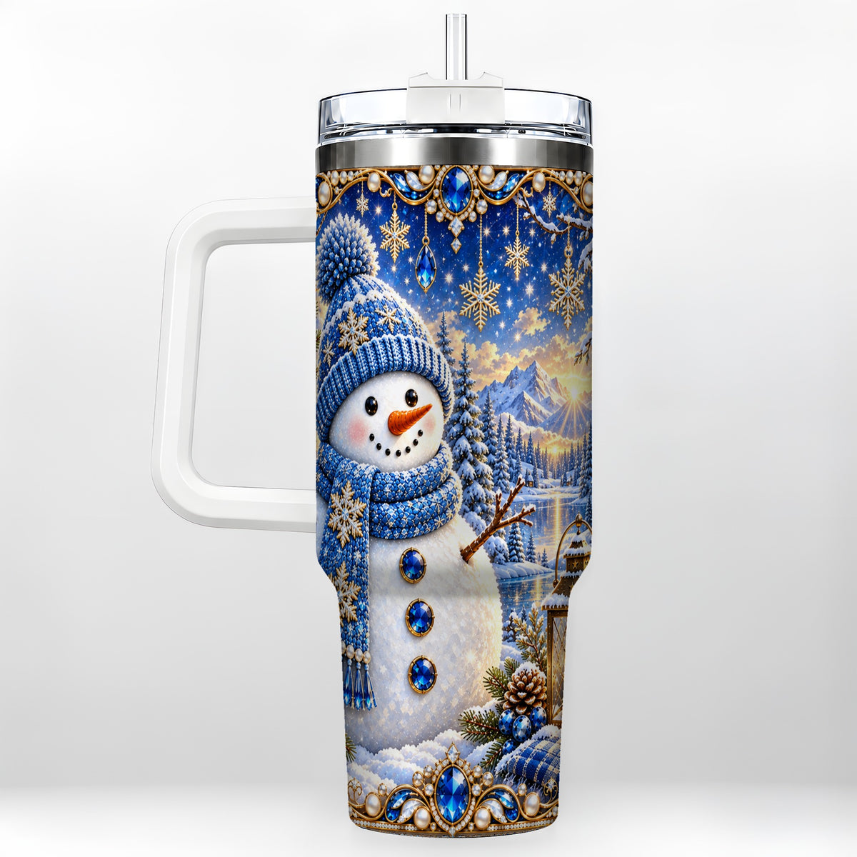 Jeweled Snowman 40oz Tumbler with Handle, Winter Stainless Steel Travel Cup