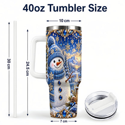 #pl[40oz|White] Jeweled Snowman 40oz Tumbler with Handle, Winter Stainless Steel Travel Cup