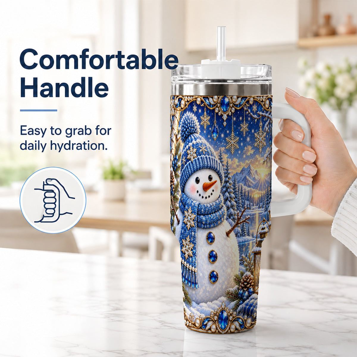 #pl[40oz|White] Jeweled Snowman 40oz Tumbler with Handle, Winter Stainless Steel Travel Cup