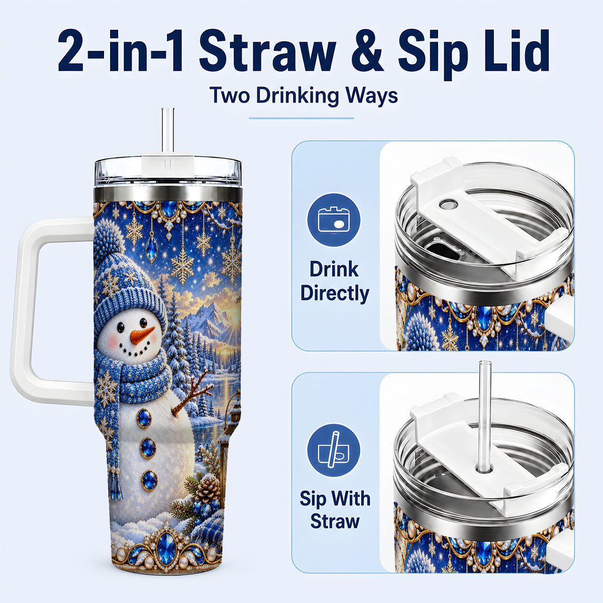 #pl[40oz|White] Jeweled Snowman 40oz Tumbler with Handle, Winter Stainless Steel Travel Cup