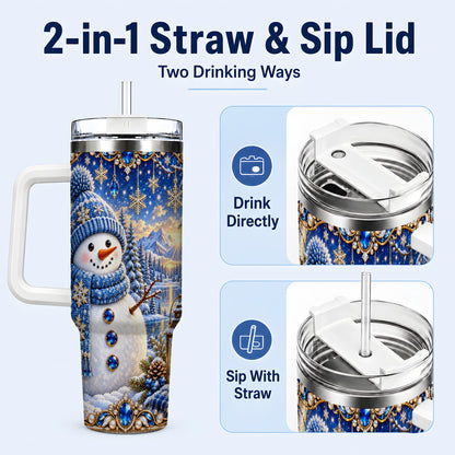 #pl[40oz|White] Jeweled Snowman 40oz Tumbler with Handle, Winter Stainless Steel Travel Cup