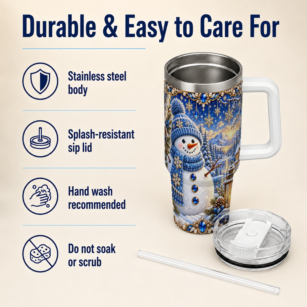 #pl[40oz|White] Jeweled Snowman 40oz Tumbler with Handle, Winter Stainless Steel Travel Cup