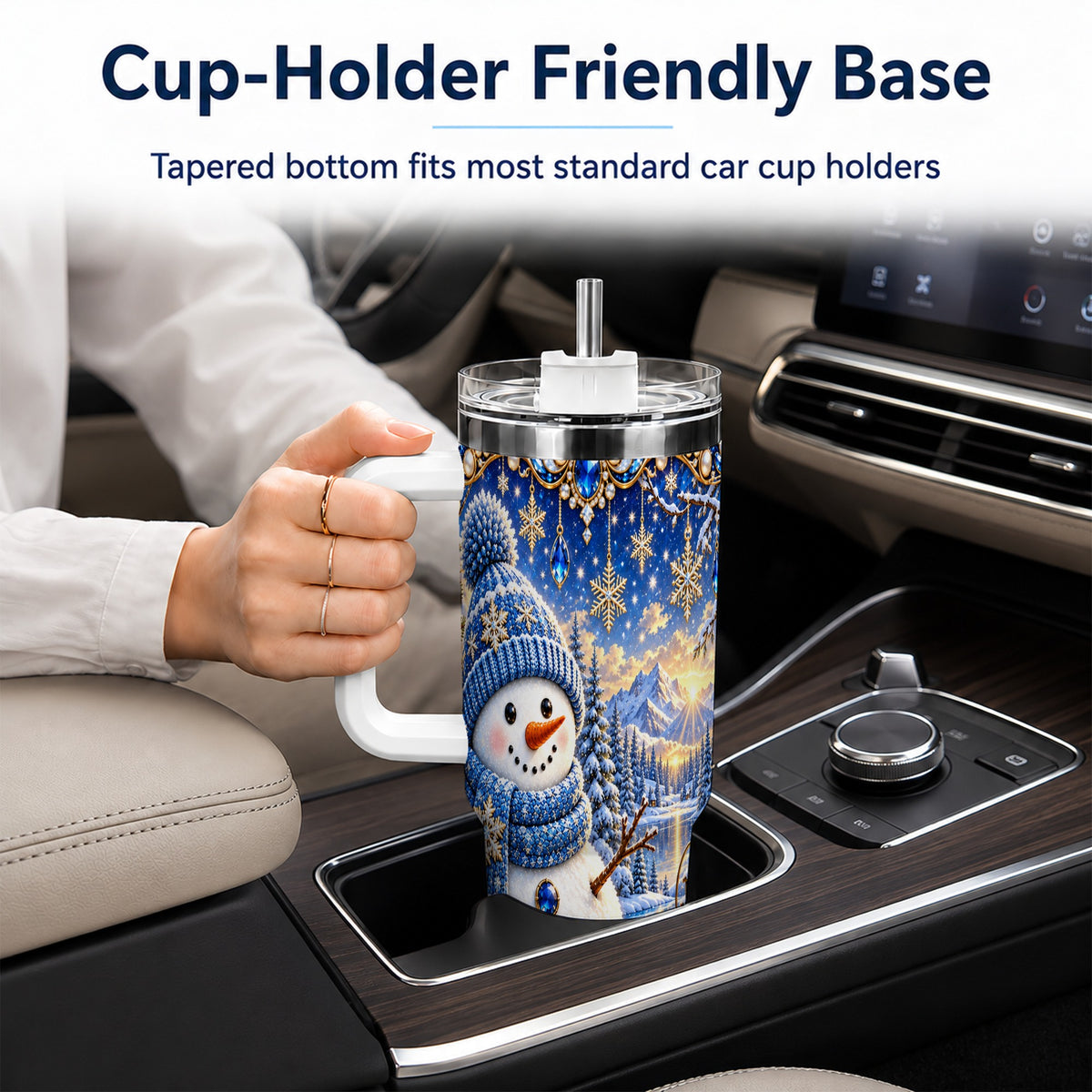 #pl[40oz|White] Jeweled Snowman 40oz Tumbler with Handle, Winter Stainless Steel Travel Cup